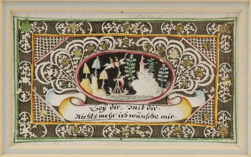 Vier religieuze knipsels met aquarel, 19e eeuw, o.a. 'Reine Liebe Gott Giebe' 6 x 10 cm. - Bild 5 aus 5