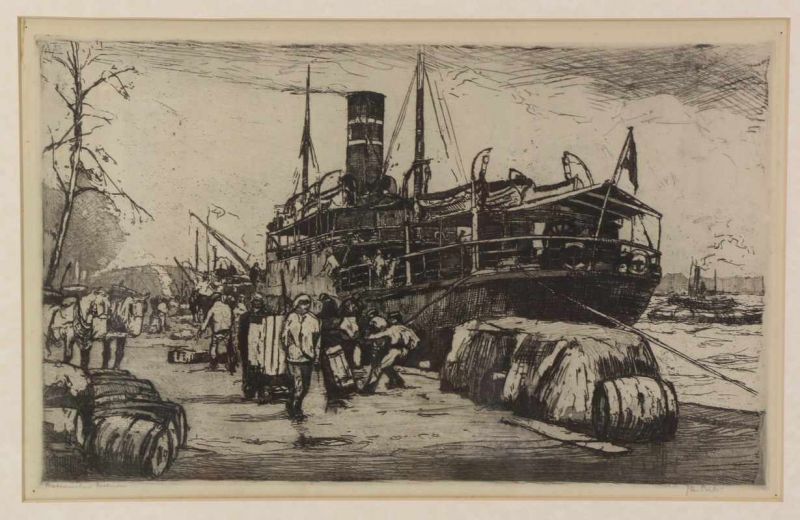 Jan Sirks (1885-1938) Haven aan een kade / Stadsgezicht Rotterdam. Hierbij gravure naar Israels en