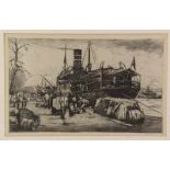 Jan Sirks (1885-1938) Haven aan een kade / Stadsgezicht Rotterdam. Hierbij gravure naar Israels en