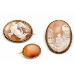 Gouden broche en twee schelpcamee broches. Broche gezet met een gladde carneool. Cameeën beiden in