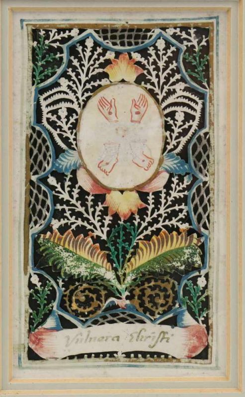 Vier religieuze knipsels met aquarel, 19e eeuw, o.a. 'Reine Liebe Gott Giebe' 6 x 10 cm. - Bild 3 aus 5