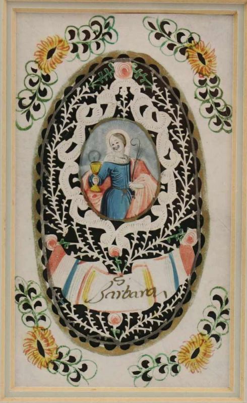 Vier religieuze knipsels met aquarel, 19e eeuw; Heiligen. Herkomst: Pastor van Deuningen 11,5 x 6, - Bild 3 aus 5
