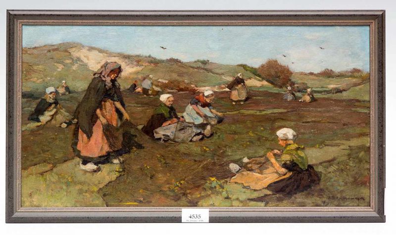 Johannes Akkeringa (1861-1942) Nettenboetsters in de duinen van Scheveningen paneel, gesign. r.o., - Image 2 of 3
