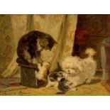 Henriette Ronner (1821-1909) Moederpoes en kittens spelend met een hondje olieverf op papier op