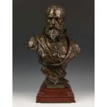 Emile Louis Picault (1833-1915), bruin gepatineerd bronzen buste, 19e eeuw; 'Ambroise Paré', op rood