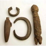 Africa, two brass bracelets, Dogon, wooden figure and Zulu, wooden flask. h. 19 and 12 cm. [4]