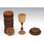 Rare turned and carved maple cup with stacking bowls in case. 17th century. Apprentice piece. Inside