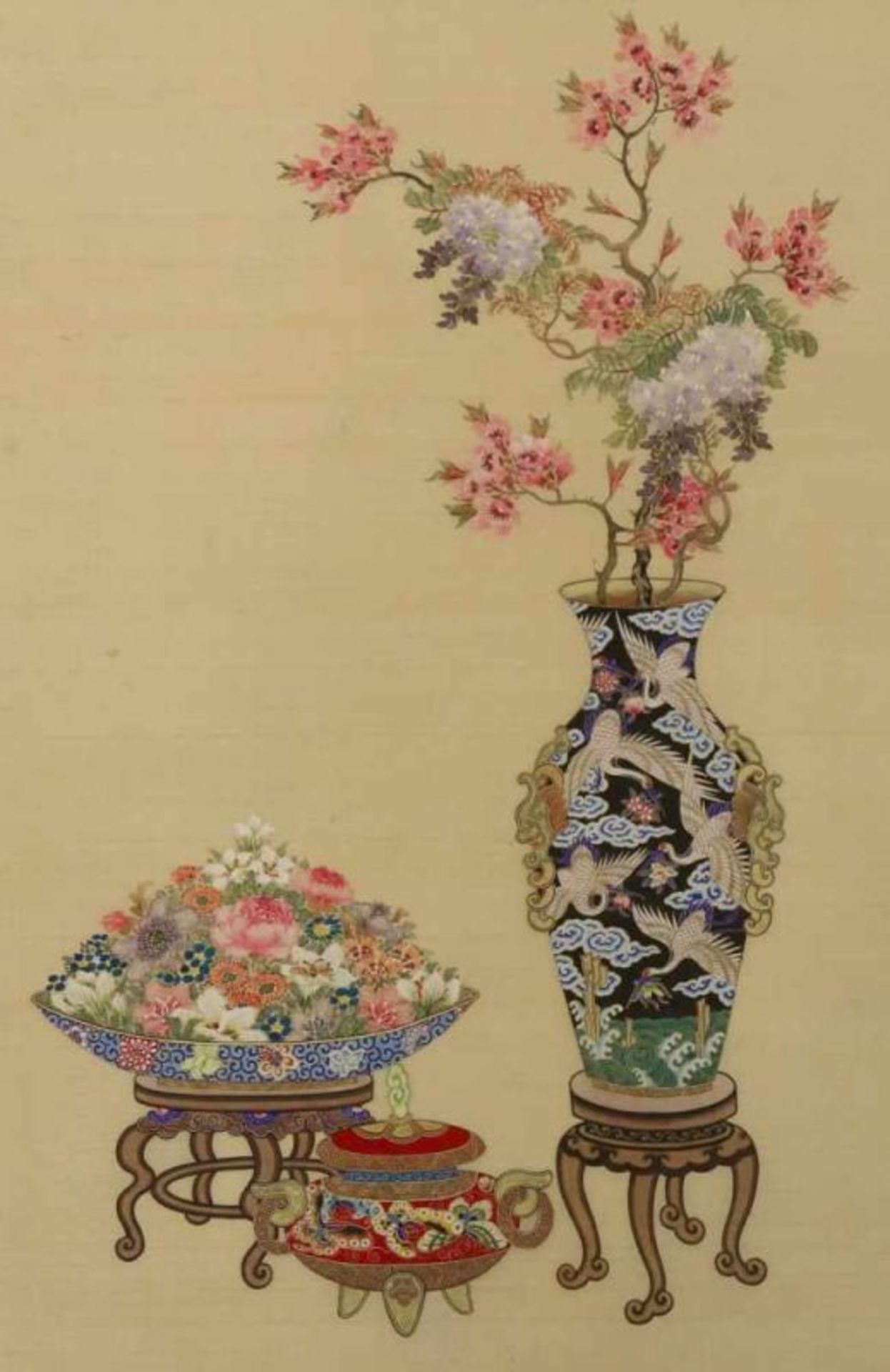 China, paar schilderingen op zijde, laat Qing dynastie; Bloemenvazen [map] - Image 2 of 2