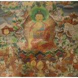 Tibet/Nepal, thanka, ca. 1900, met decor van vergulde Boeddha gezeten in bhumisparsamudra, omringd