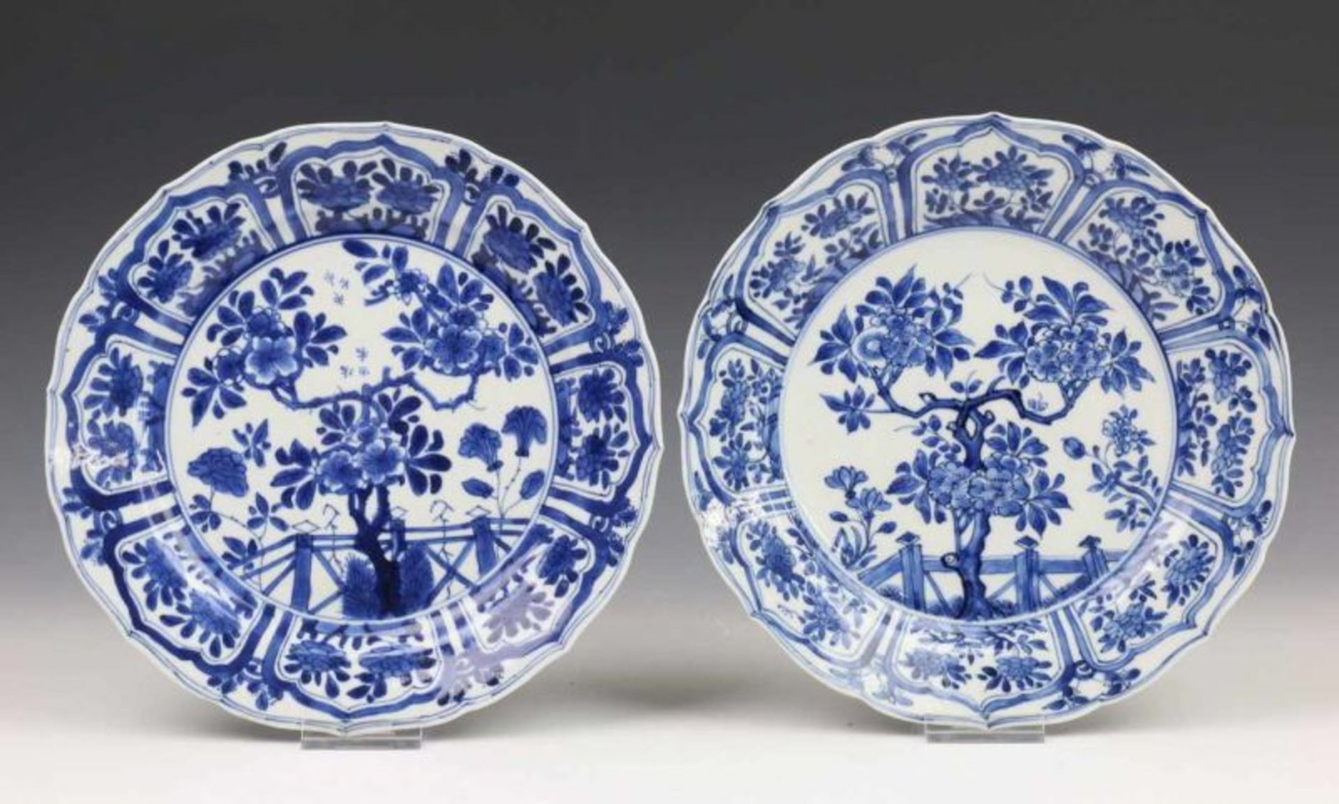 China, paar blauw-wit porseleinen borden, Kangxi, met decor van bloesemboom bij hekwerk, de rand met