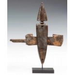 Mali, Bamana, wooden lock in abstract anthropomorphic figure with triangular face. With encrusted