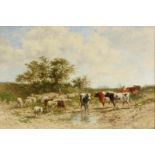 Jan van Lokhorst (1837-1929) Koeien en schapen in een landschap doek, gesign. r.o., 1885, 41 x 60