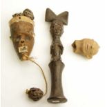 Yoruba, Shango staff, Akan terracotta buste and Salampasu, miniature mask. h. 35 cm. [1 + zkj]