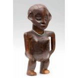 DRC., Ubangi area, standing female figure, ca. 1950, with large torso, arms as grip, open mouth with