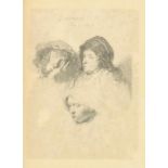 Rembrandt van Rijn (1606-1669) Drie schetsen van een vrouw ets, latere afdruk, gesign. in de