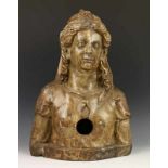 Carved wooden relic holder formed as a bust. Depicting a lady, her hair wrapped around her head,