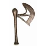 Kuba, ceremonial axe, with curved blade decorated with five engraved faces and copper plating around