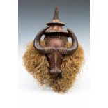 DRC., Holo, mask with a carved wooden buffalo head with a conical plant fiber headdress. With red,