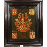 17th century painting on oak panel of a coat of Arms. Placed within a cartouche with acanthus leaves