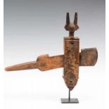 Mali, Bamana, wooden lock, decorated with a finely carved buste with two horns on top. The body with