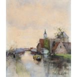 Fredericus Jacobus van Rossum du Chattel (1856-1917) Gezicht op een dorp aan een vaart aquarel,