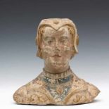 An antique limestone bust of a noblewoman wearing a hood with rosettes. Original polychromy. France,