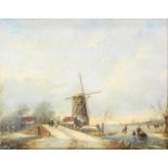 Hollandse school, 19e eeuw Schaatsers op een bevroren vaart bij een molen paneel, 26 x 34 cm. [1]