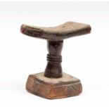 DRC., Luba, wooden neck rest with square base with carved lines, double cone shaped stem and