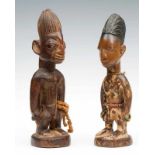 Nigeria, Yoruba, Igbomina, two male twin figures, Ibeji; on with beaded strings, the other with