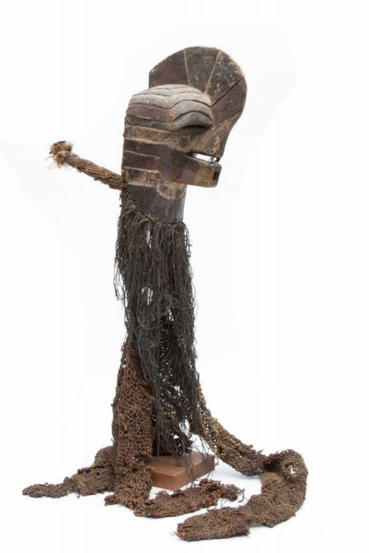 DRC., Songhe, kifwebe mask with plant fiber tenue; mask with protruding mouth, broad carved and
