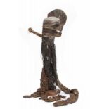 DRC., Songhe, kifwebe mask with plant fiber tenue; mask with protruding mouth, broad carved and