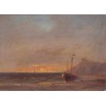 Adrianus David Hilleveld (1838-1869) Kustgezicht met schip op het strand paneel, gesign. r.o., '