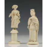 Two carved ivory figures. 19th century. Depicting shepherdess and Queen, possibly chess pieces. h. 9