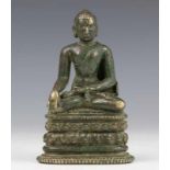 India, bronzen sculptuur van gezeten Boeddha, 17e-18e eeuw, op dubbele lotustroon en rechter hand in