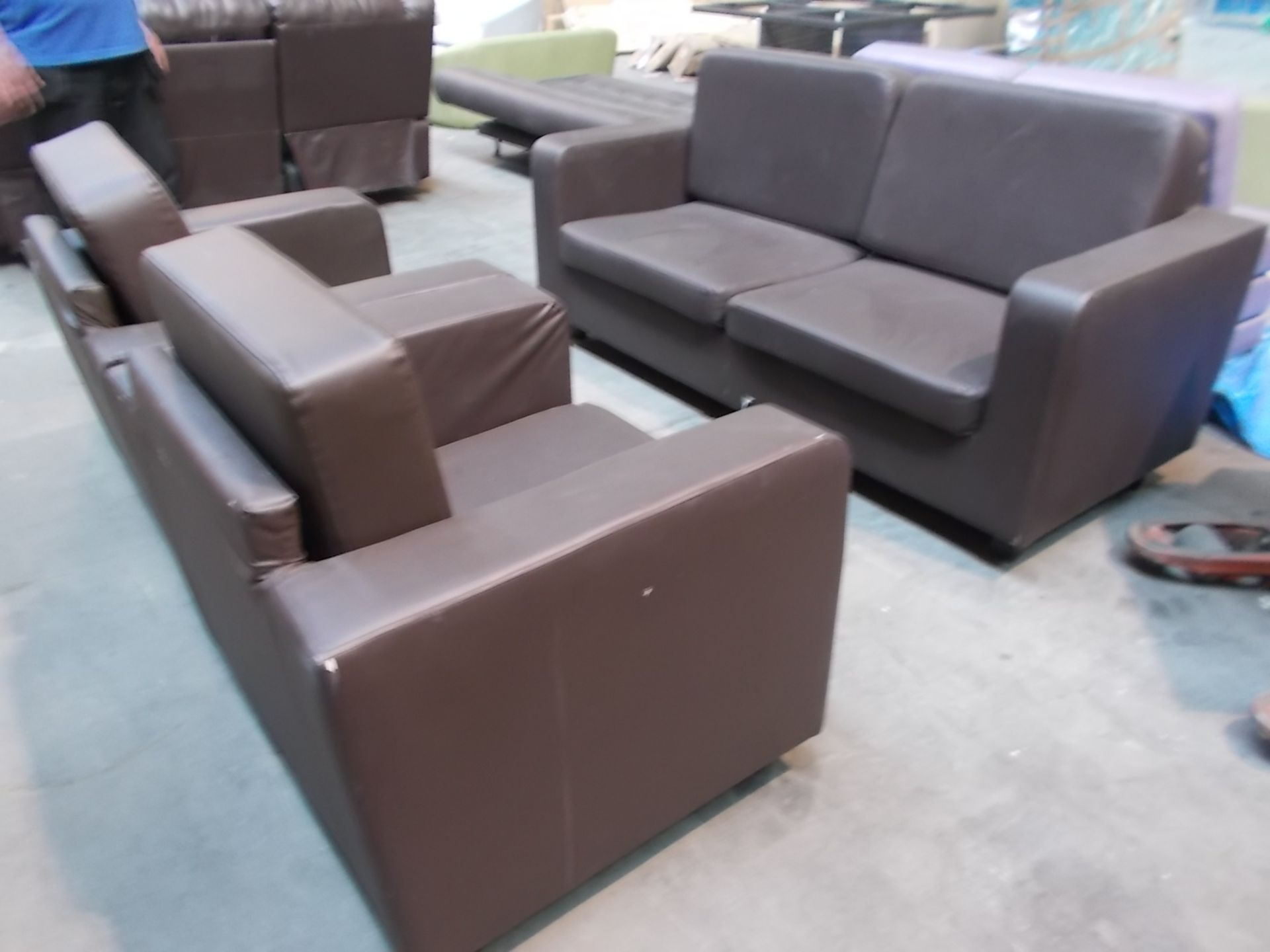 1 BROWN FAUX LEATHER 3 SEATER SOFA WITH 2 ARMCHAIRS