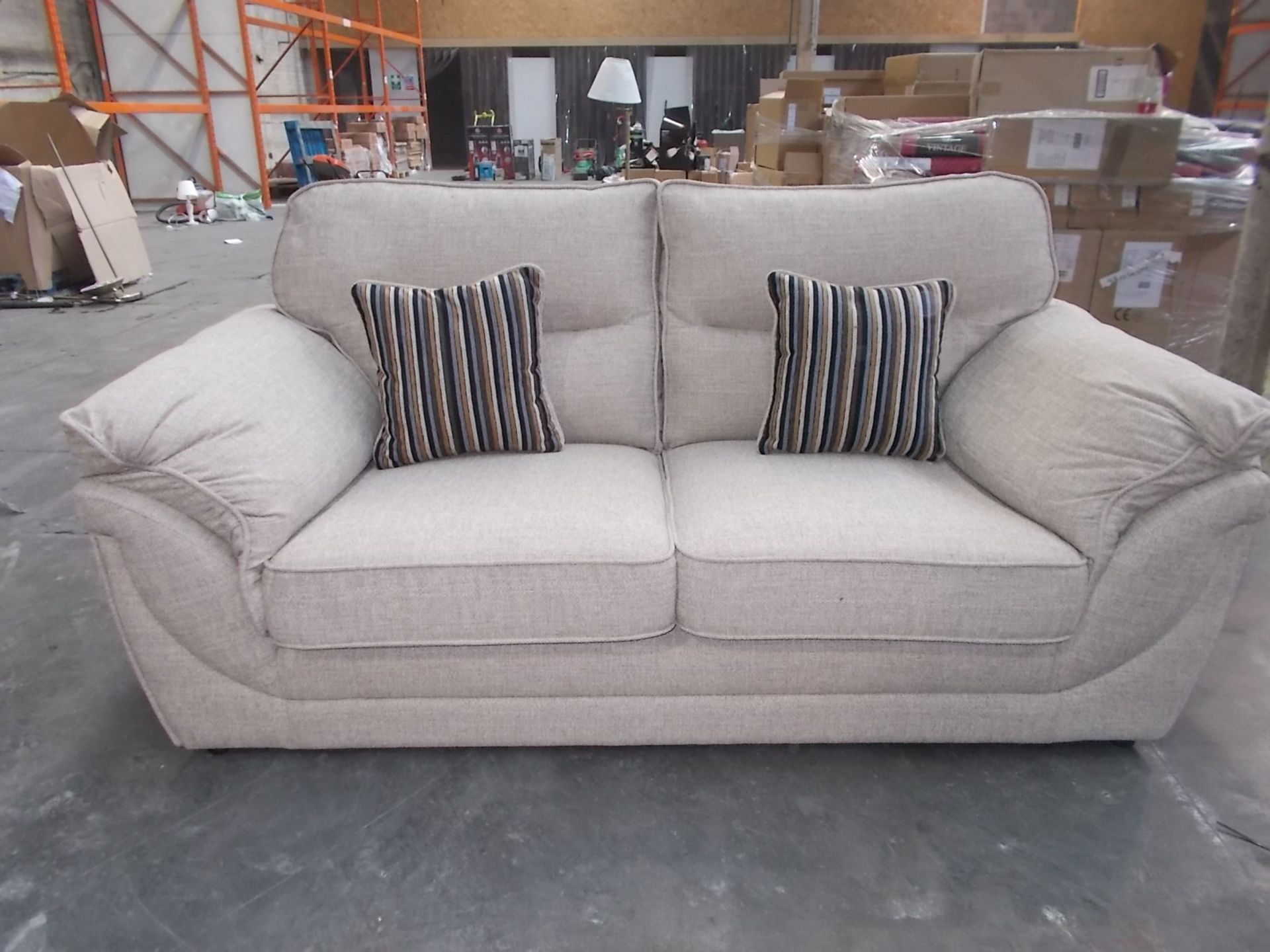 1 CANTERBURY STYLE SAND FABRIC GRANDE 3 SEATER SOFA (EXCELLENT CONDITION, AS NEW)