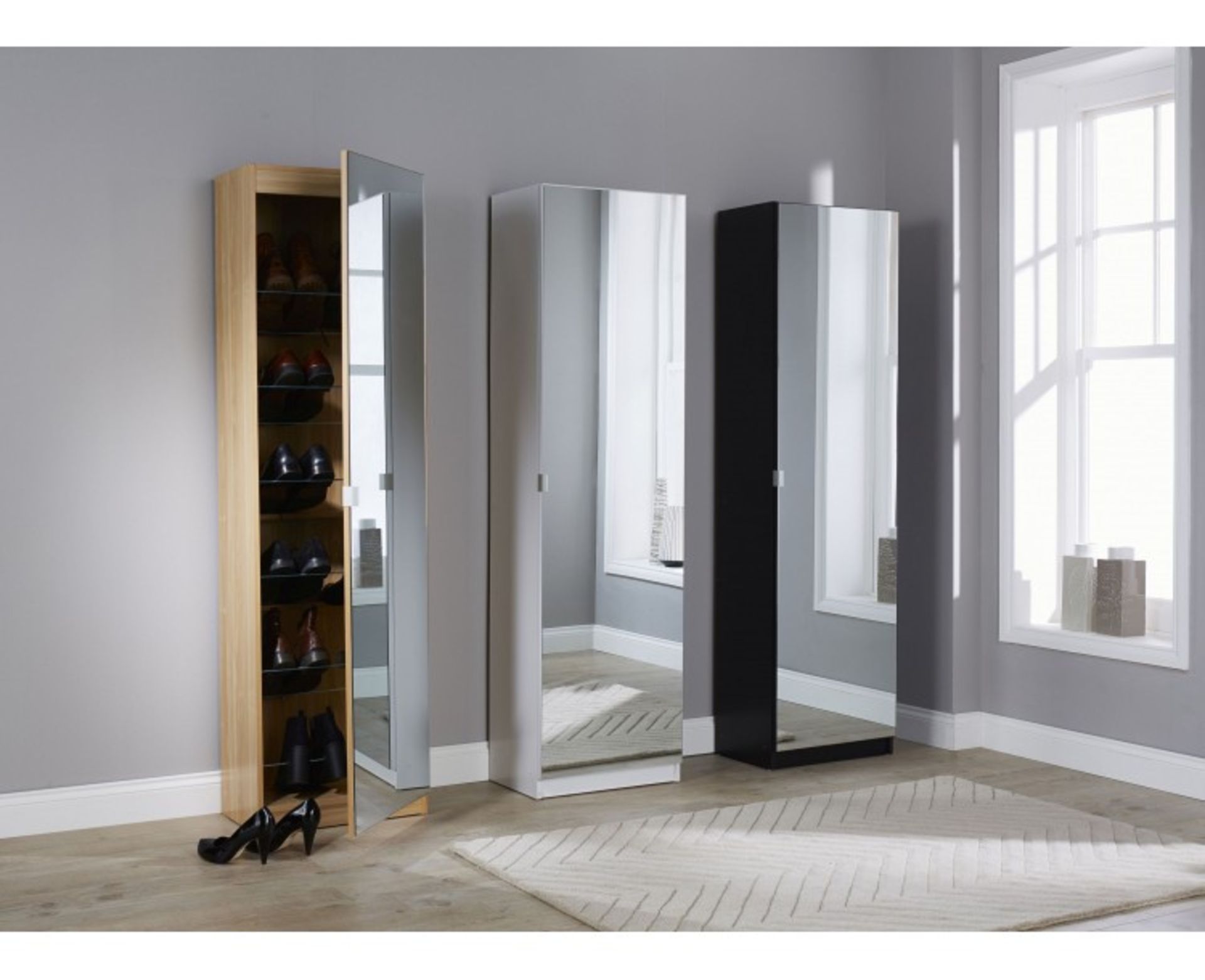 1 BOXED BLACK MIRRORED 180CM SHOE CABINET