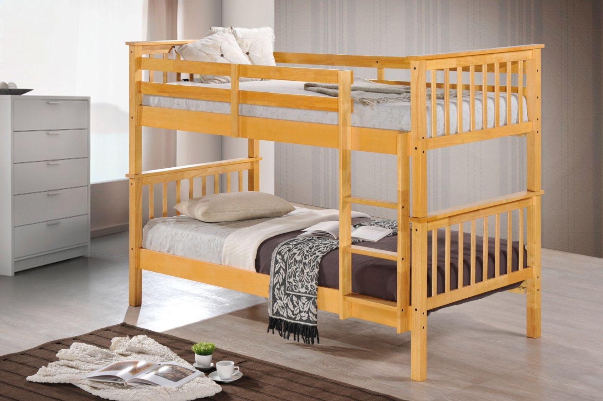1 BRAND NEW BOXED BEECH COLOURED SOLID WOOD BUNK BED