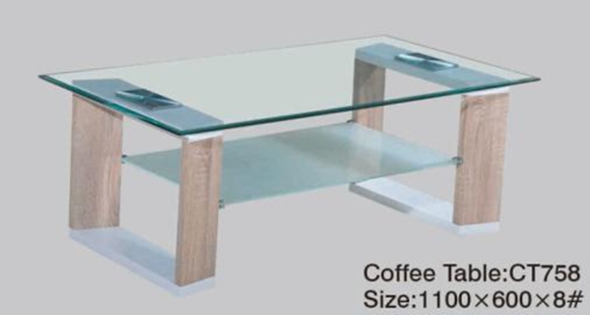 1 BRAND NEW BOXED HOMESTUFF PLUS CLEAR GLASS AND LIGHT WOOD COFFEE TABLE CT756