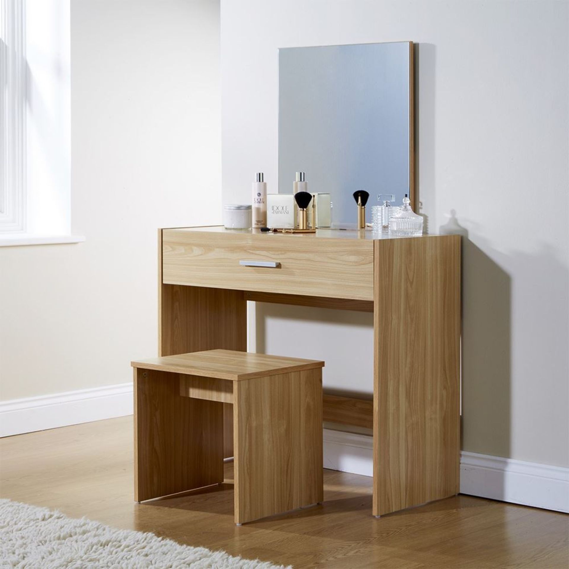 1 BRAND NEW BOXED JULIA OAK DRESSING TABLE WITH STOOL