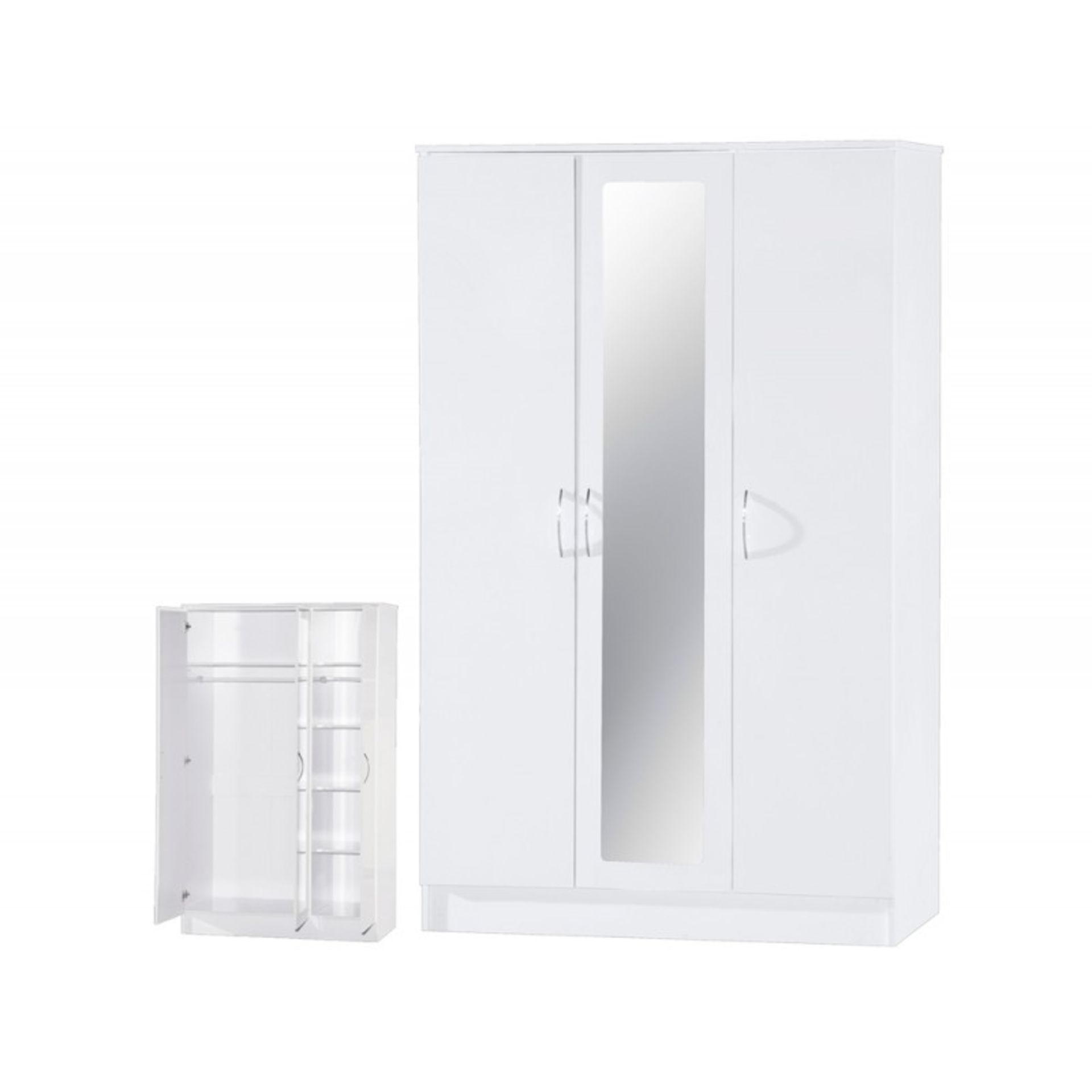 1 BOXED ALPHA 3 DOOR MIRRORED WARDROBE IN WHITE/WHITE GLOSS