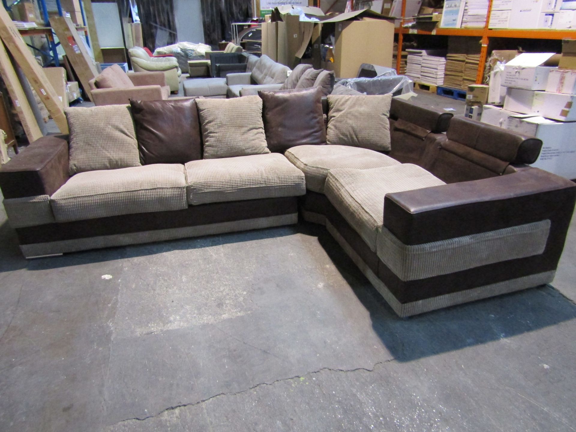 1 BROWN LEATHER EFFECT AND CORD LARGE CORNER SOFA