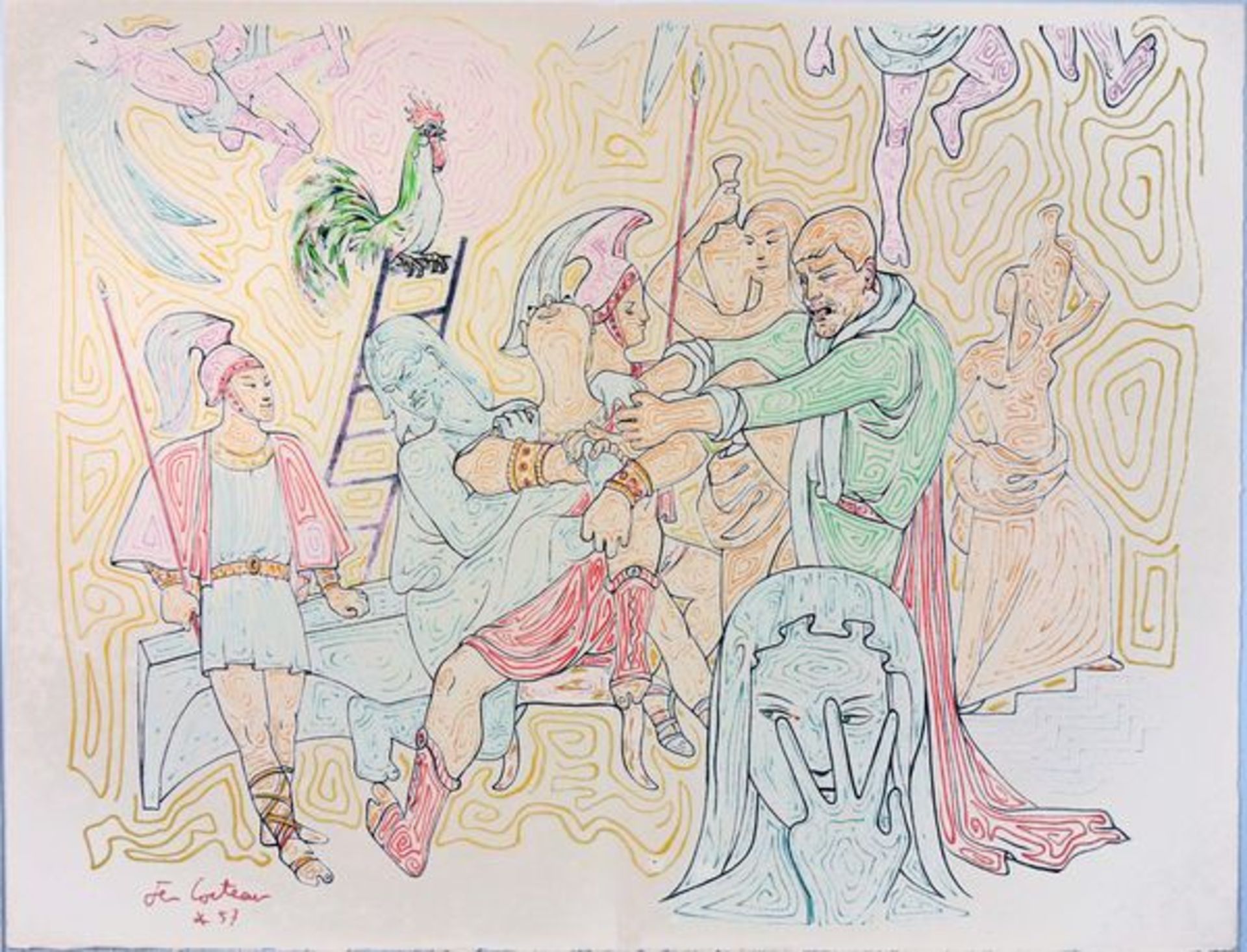 Cocteau, Jean Farblithographie auf Bütten, 48 x 60,5 cm Saint Pierre outragé par les Soldats de