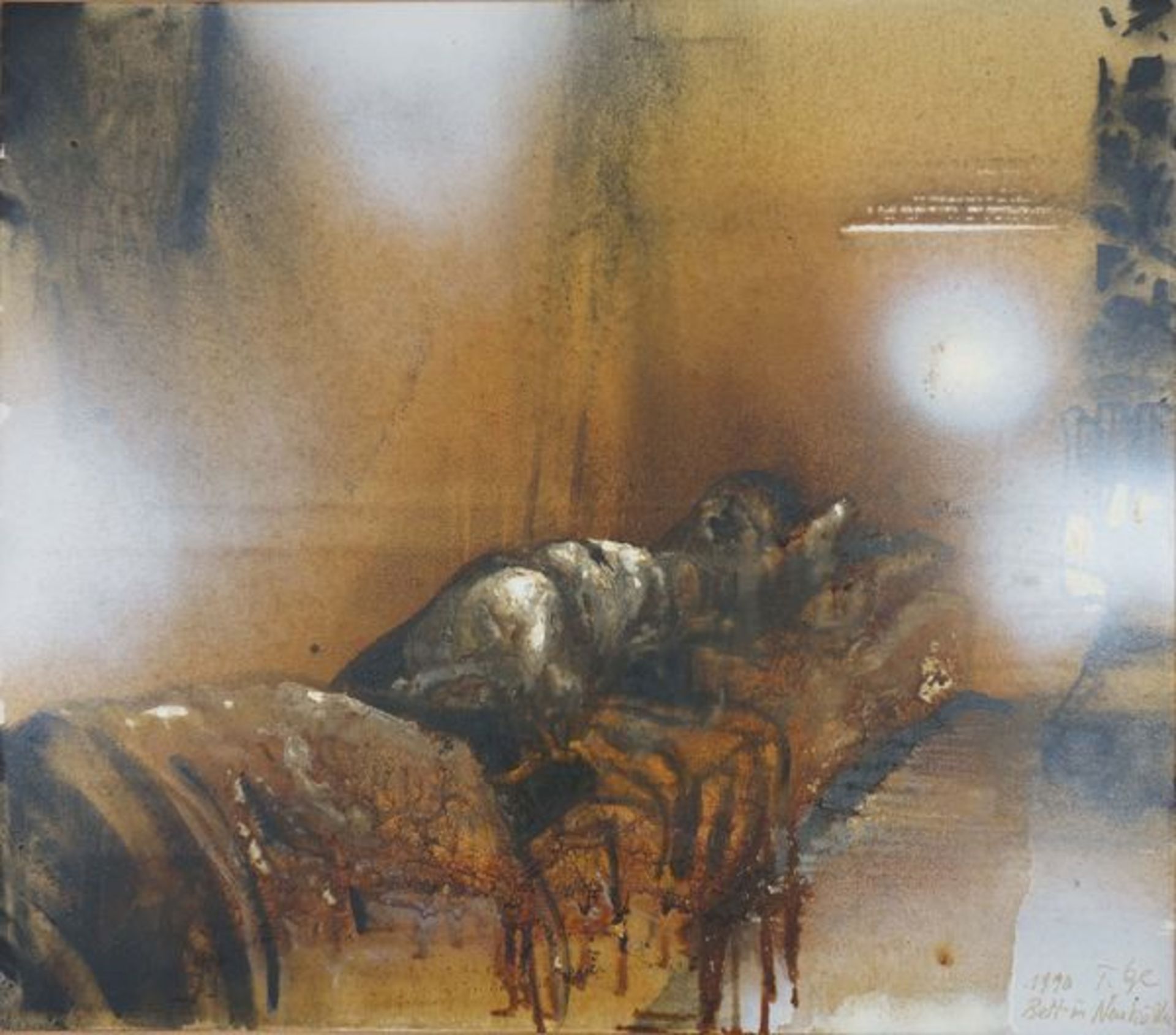 Lange, Thomas Öl auf Leinwand, 70 x 80 cm Bett in Neukölln (1990) Signiert, datiert und betitelt