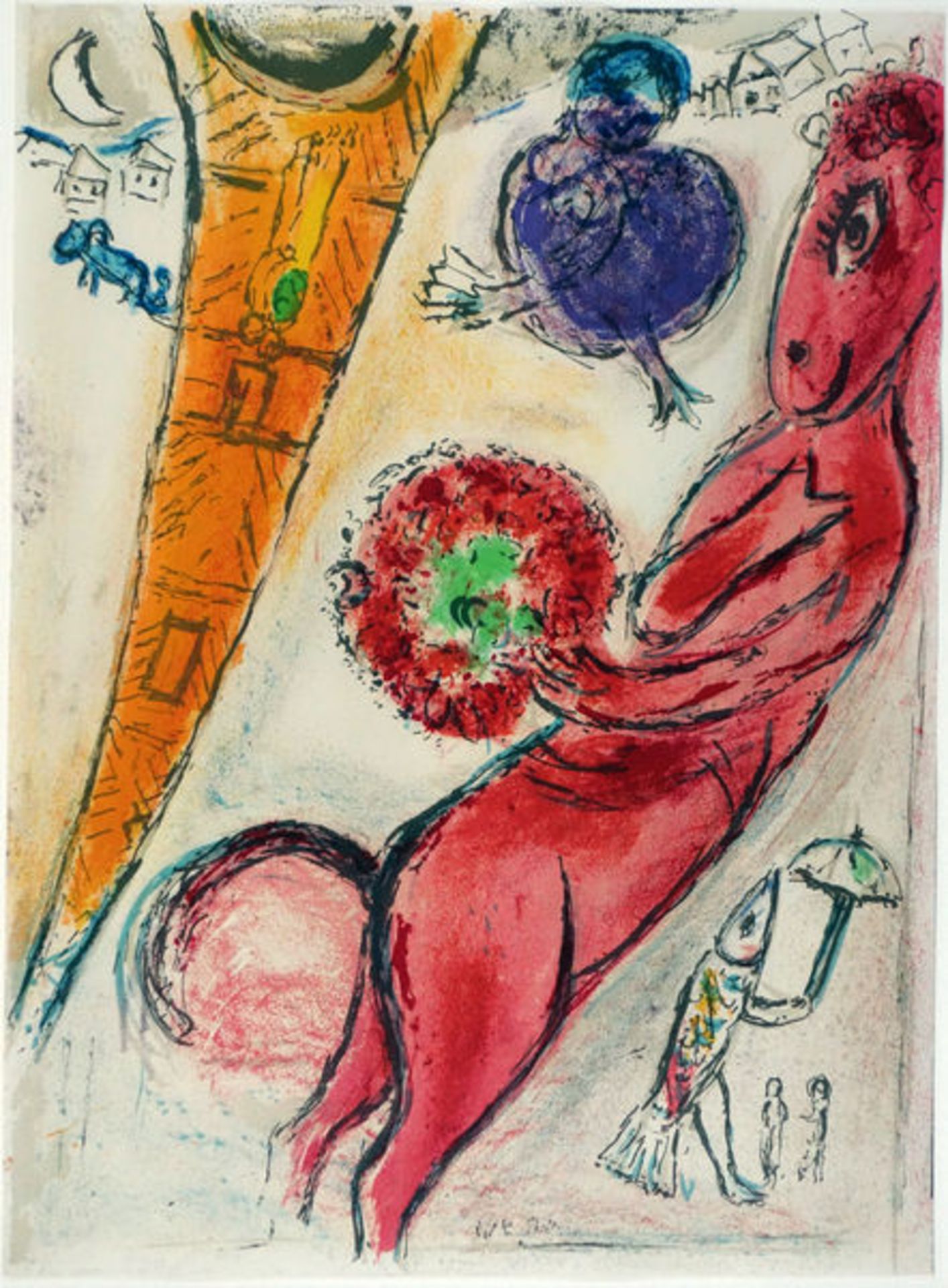 Chagall, Marc Farblithographie auf Velin d' Arches, 38 x 28 cm Eifelturm und Esel (1954) Mourlot 97.