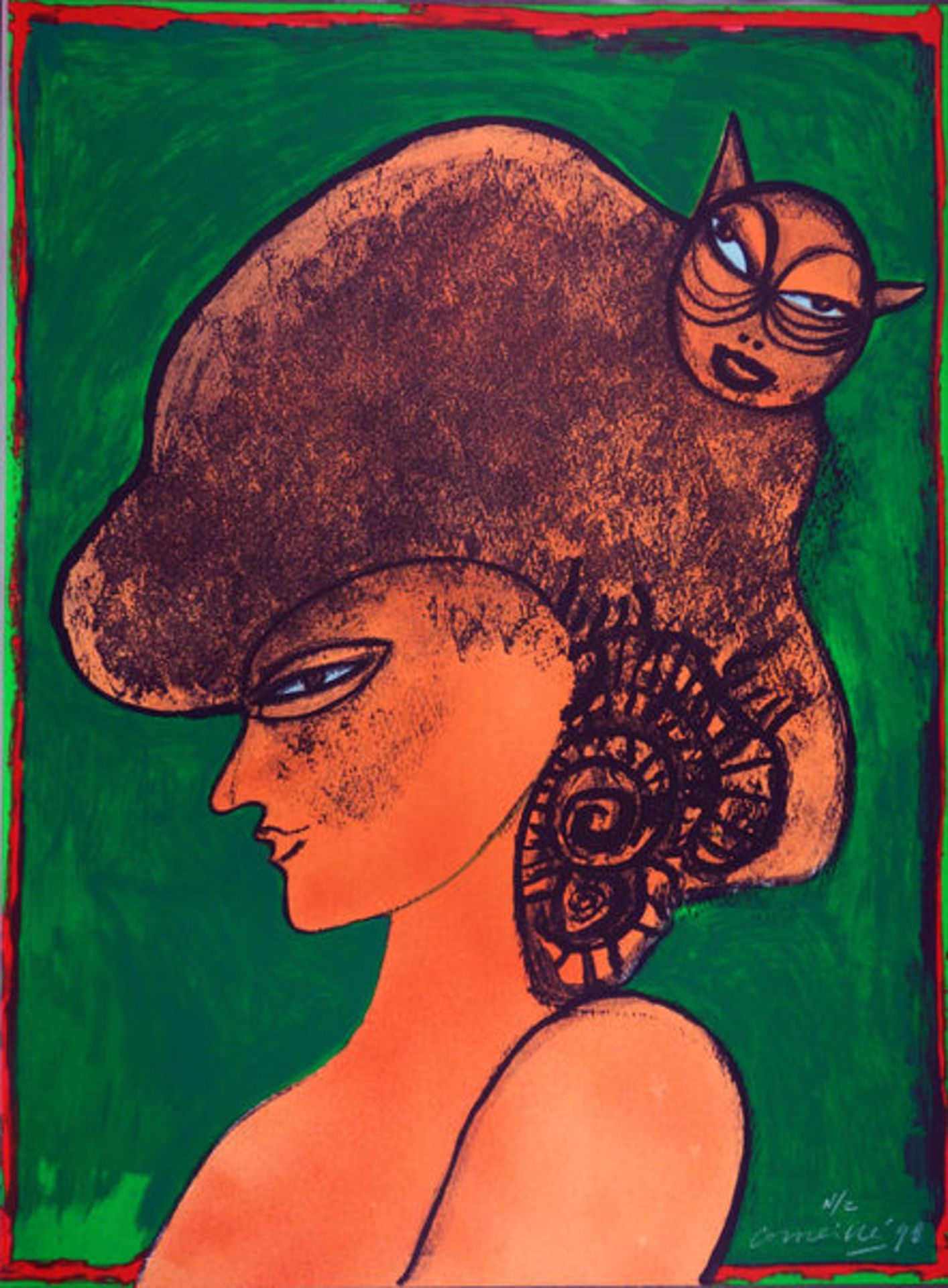 Corneille Farblithographie auf Bütten, 76 x 56 cm Ohne Titel (Frau mit Katze) (1998) Signiert,