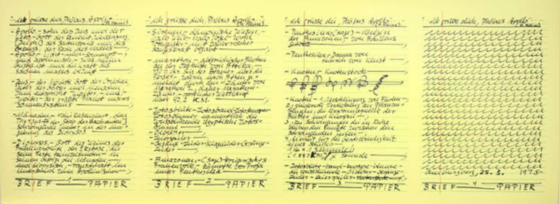 Darboven, Hanne 3 Blatt Offsetdrucke auf gelbem Papier Aufzeichnungen 25.3. 1975 / Aufzeichnungen - Image 2 of 3