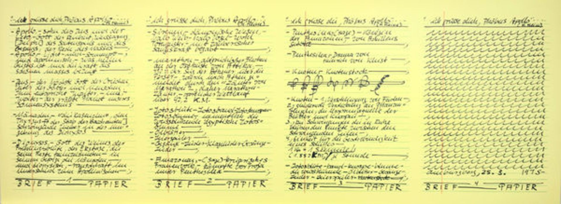 Darboven, Hanne 3 Blatt Offsetdrucke auf gelbem Papier Aufzeichnungen 25.3. 1975 / Aufzeichnungen - Bild 2 aus 3