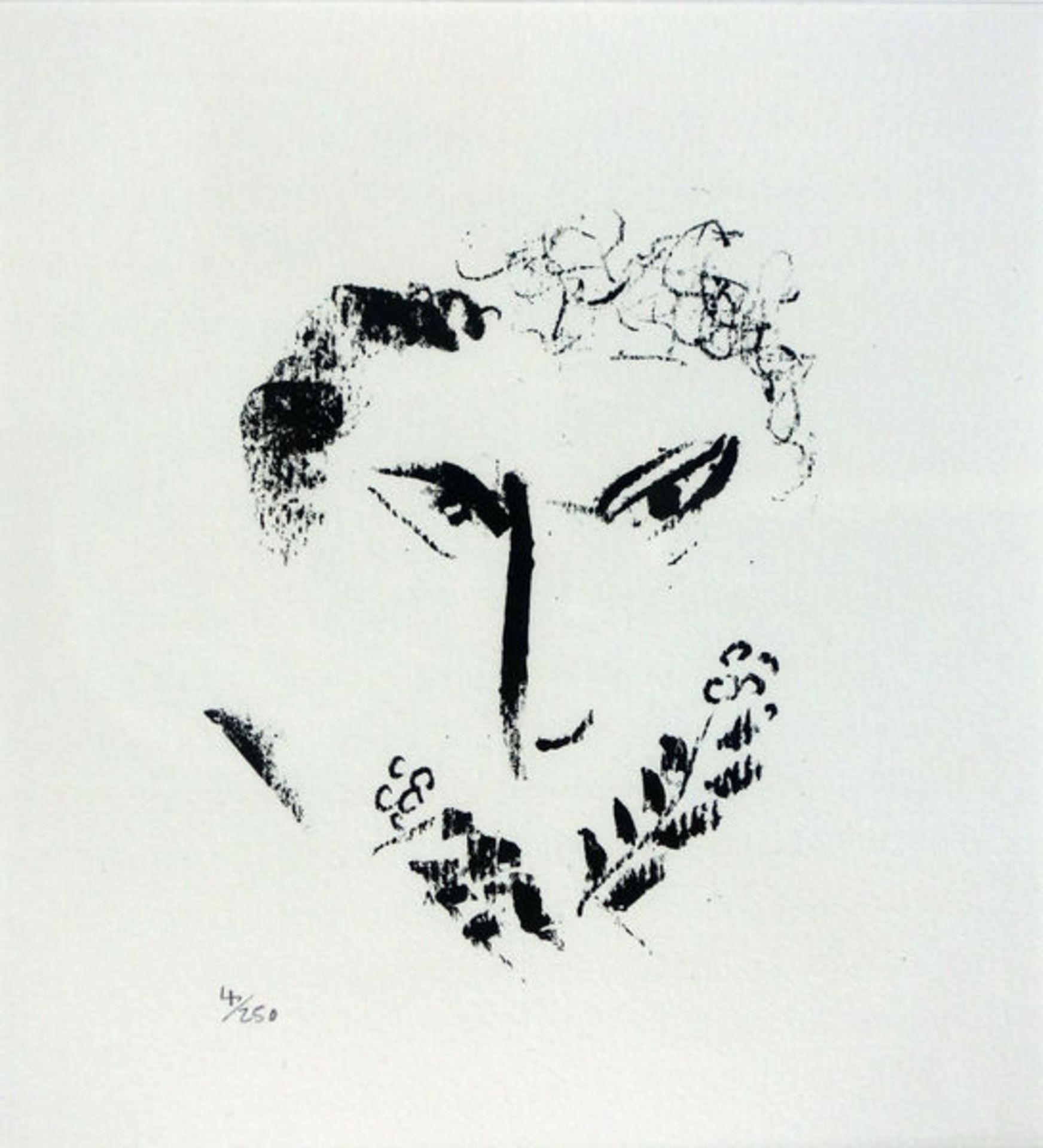 Chagall, Marc Lithographie auf Papier, 16 x 12,5 cm Selbstbildnis (1976) Nummeriert "4/250". Aus der