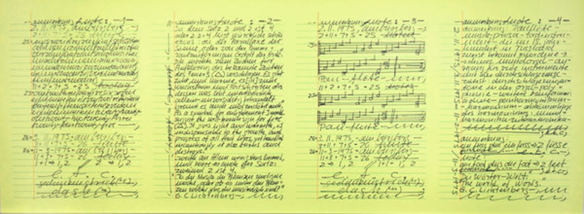 Darboven, Hanne 3 Blatt Offsetdrucke auf gelbem Papier Aufzeichnungen 25.3. 1975 / Aufzeichnungen
